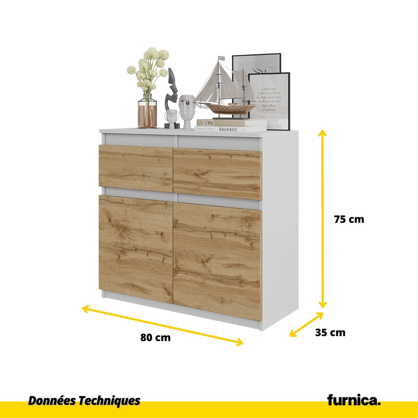 NOAH - Commode 2 Tiroirs et 2 Portes - Meuble de Rangement pour Couloir/Chambre - Buffet - H75cm L80cm P35cm (Blanc/Chêne Wotan)