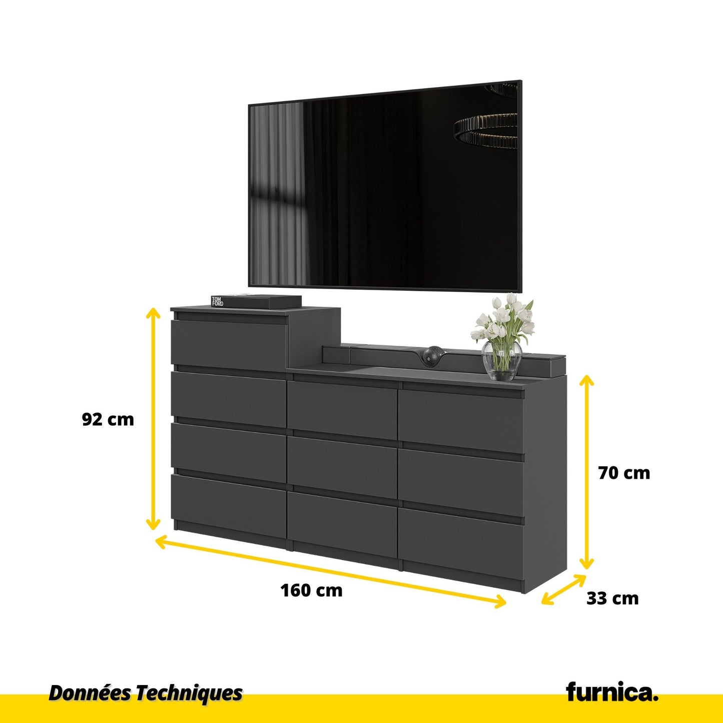 GABRIEL - Commode 10 Tiroirs (6+4) - H92/70 cm L160 cm P33 cm (Anthracite)