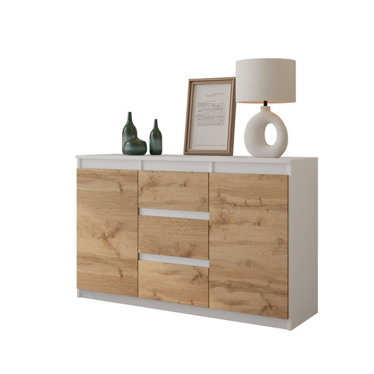 MIKEL - Commode 3 Tiroirs et 2 Portes - Armoire de Rangement pour Couloir/Chambre à Coucher - Buffet - H75cm L120cm P35cm (Blanc/Chêne Wotan)