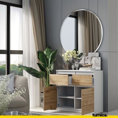 NOAH - Commode 2 Tiroirs et 2 Portes - Meuble de Rangement pour Couloir/Chambre - Buffet - H75cm L80cm P35cm (Blanc/Chêne Wotan)