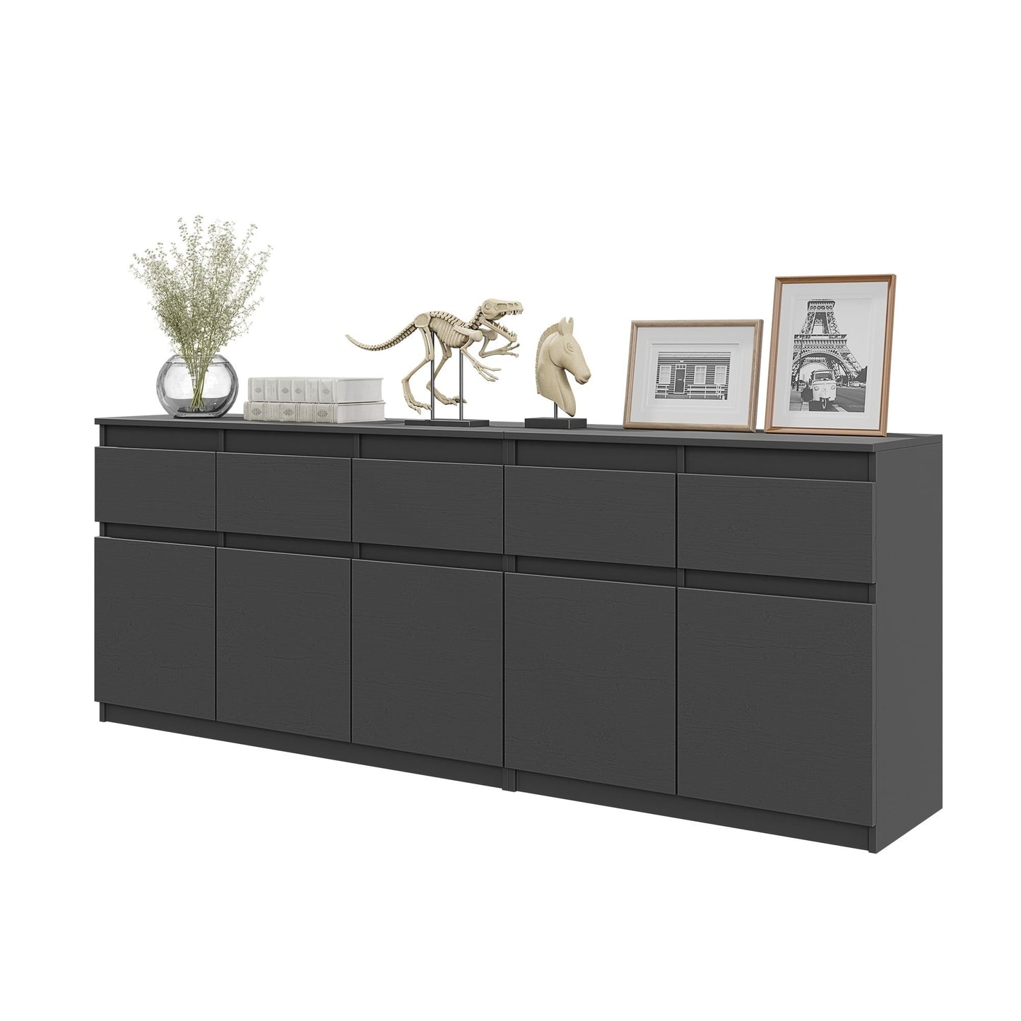 NOAH - Commode 5 Tiroirs et 5 Portes - Armoire de Rangement pour Couloir / Chambre à Coucher - Buffet - Anthracite H75cm L200cm P35cm