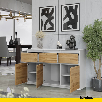 NOAH - Commode 3 Tiroirs et 3 Portes - Meuble de Rangement pour Couloir/Chambre - Buffet - H75cm L120cm P35cm (Blanc/Chêne Wotan)