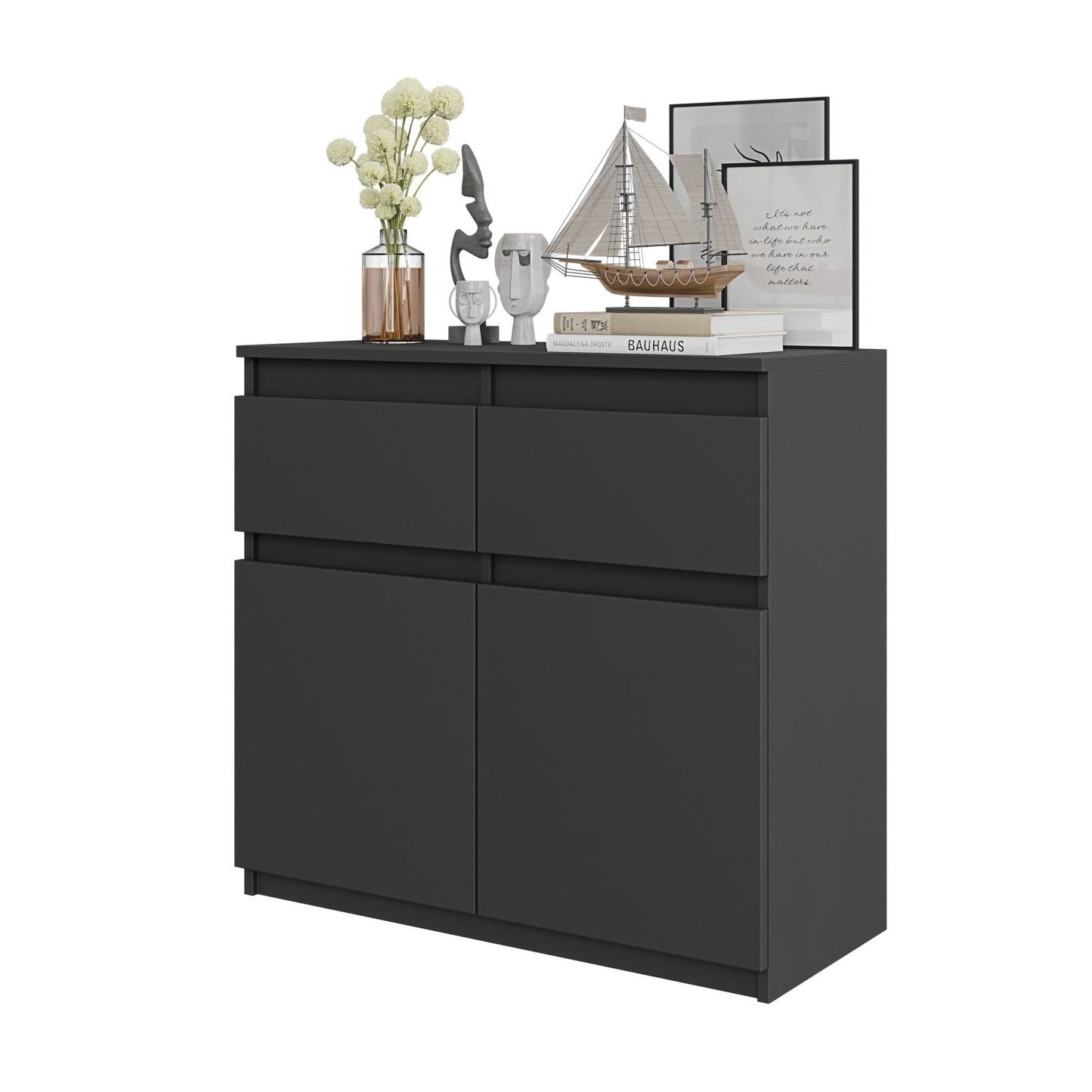 NOAH - Commode 2 Tiroirs et 2 Portes - Meuble de Rangement pour Couloir/Chambre - Buffet - H75cm L80cm P35cm (Anthracite)