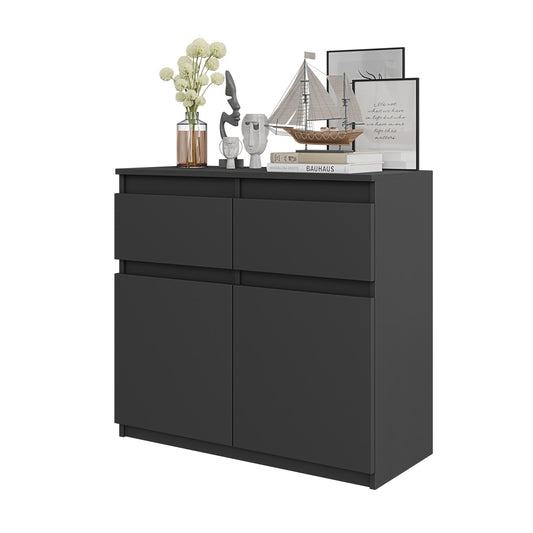 NOAH - Commode 2 Tiroirs et 2 Portes - Meuble de Rangement pour Couloir/Chambre - Buffet - H75cm L80cm P35cm (Anthracite)