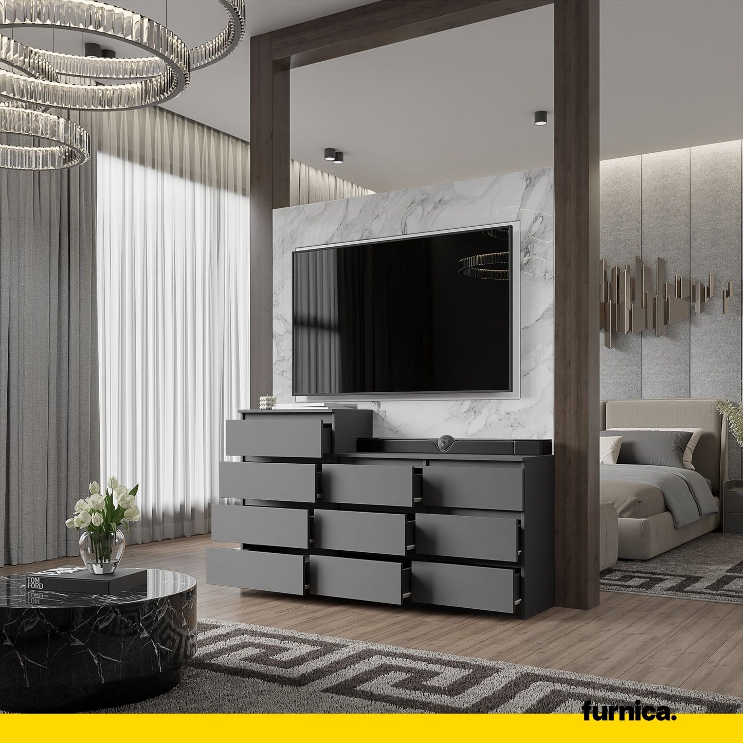 GABRIEL - Commode 10 Tiroirs (6+4) - H92/70 cm L160 cm P33 cm (Anthracite)