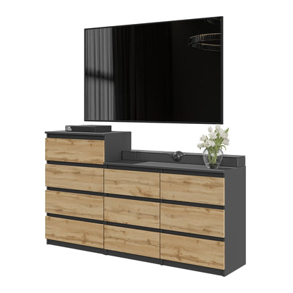 GABRIEL - Commode 10 Tiroirs (6+4) - H92/70 cm L160 cm P33 cm (Anthracite / Chêne Wotan)