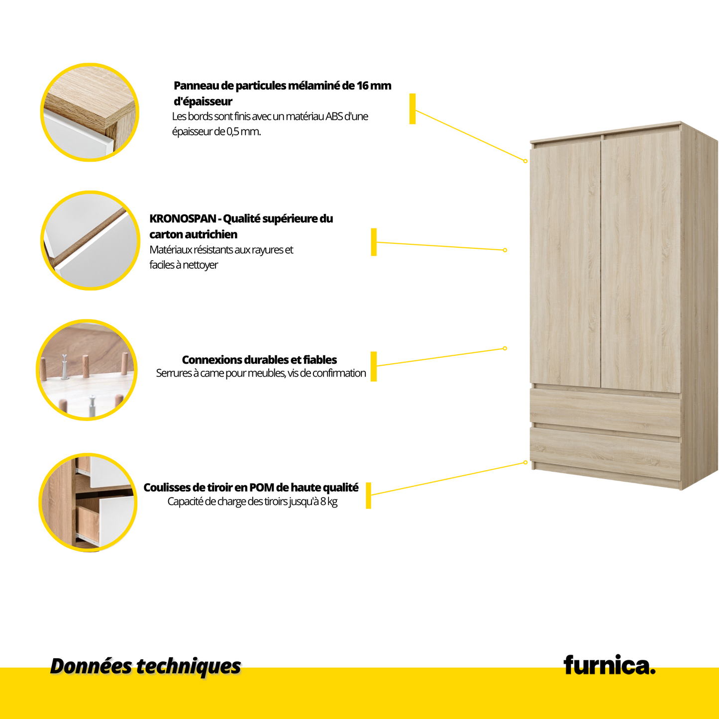 JOELLE - Armoire 2 Portes avec 2 Tiroirs - Chêne Sonoma H180cm L90cm P50cm