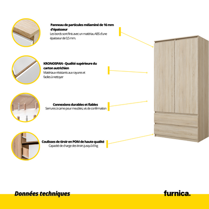 JOELLE - Armoire 2 Portes avec 2 Tiroirs - Chêne Sonoma H180cm L90cm P50cm
