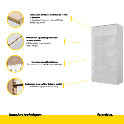 JOELLE - Armoire 2 Portes avec 2 Tiroirs - Blanc Matt / Blanc Brillant H180cm L90cm P50cm