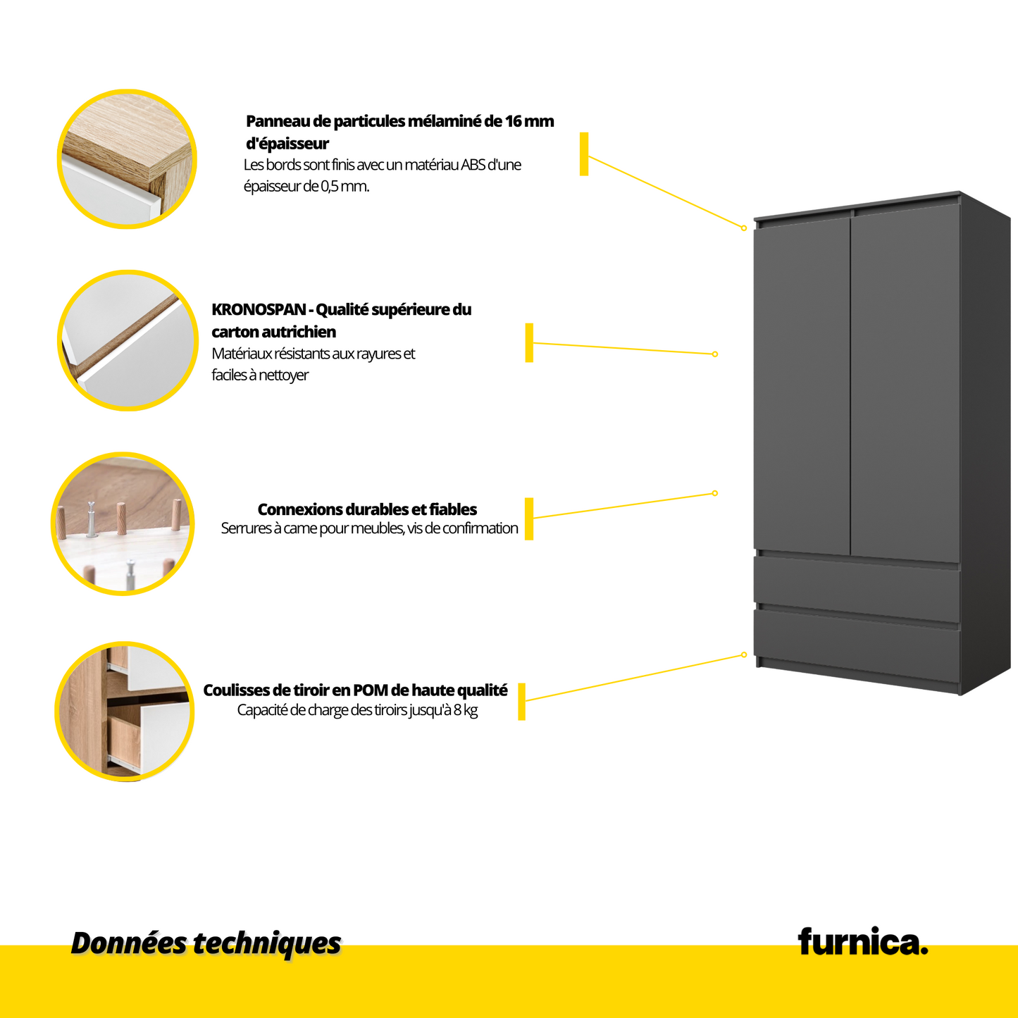 JOELLE - Armoire 2 Portes avec 2 Tiroirs - Anthracite H180cm L90cm P50cm