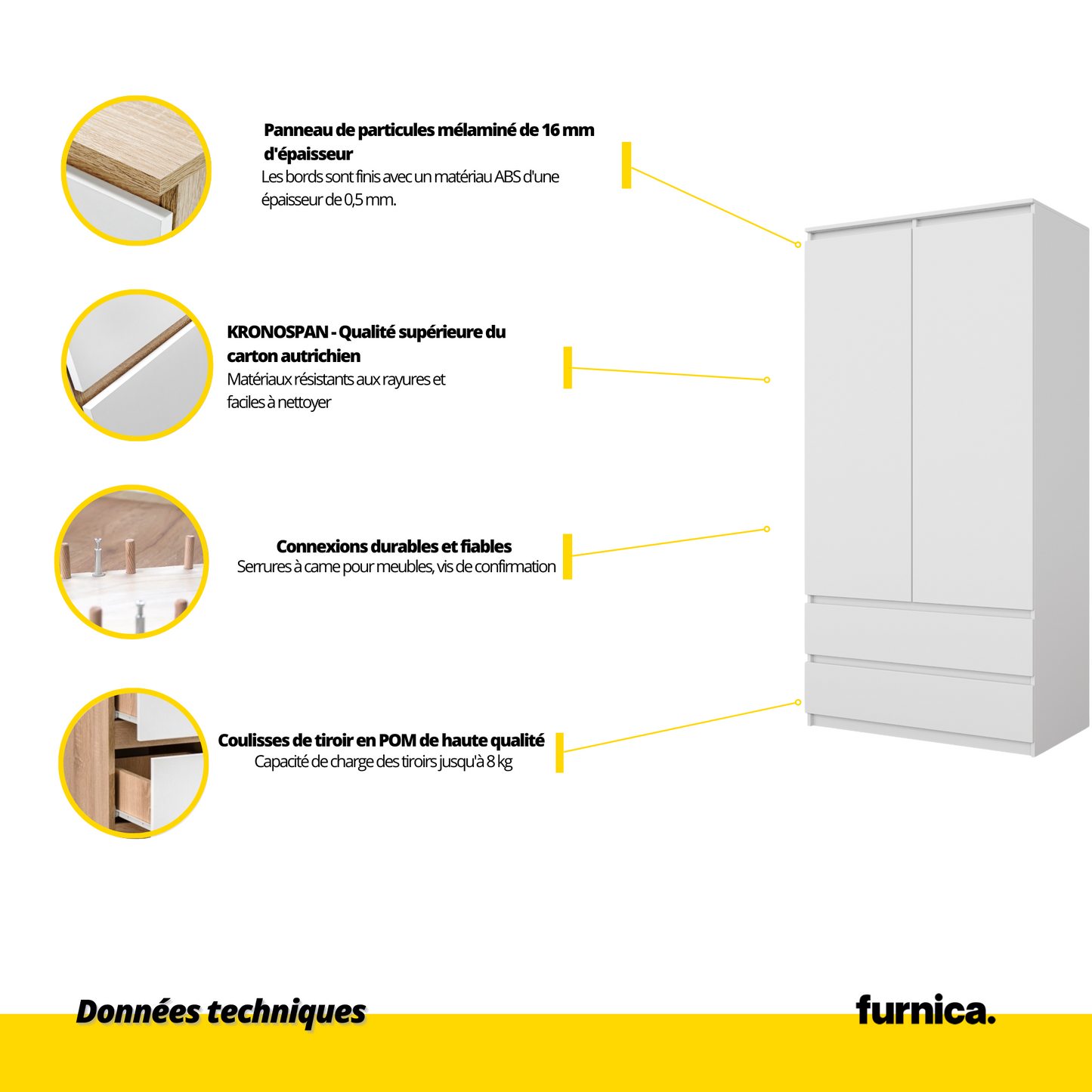 JOELLE - Armoire 2 Portes avec 2 Tiroirs - Blanc Matt H180cm L90cm P50cm