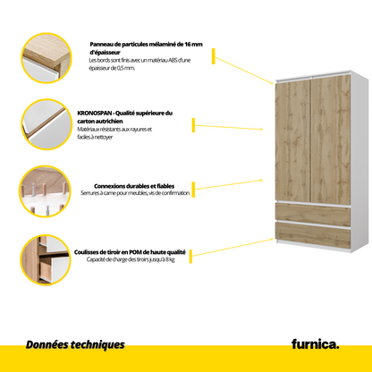 JOELLE - Armoire 2 Portes avec 2 Tiroirs - Blanc Matt / Chêne Wotan H180cm L90cm P50cm