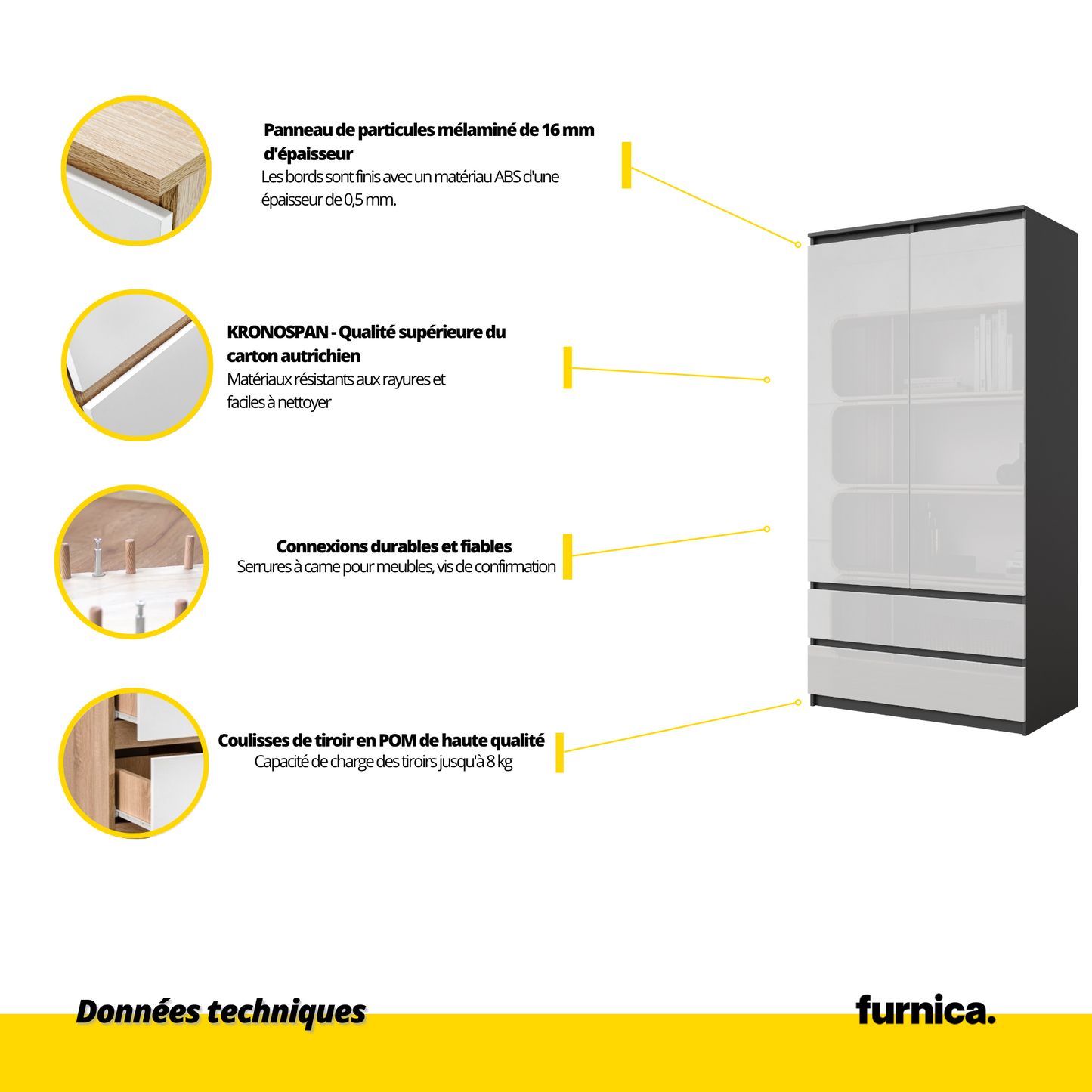 JOELLE - Armoire 2 Portes avec 2 Tiroirs - Anthracite / Blanc Brillant H180cm L90cm P50cm