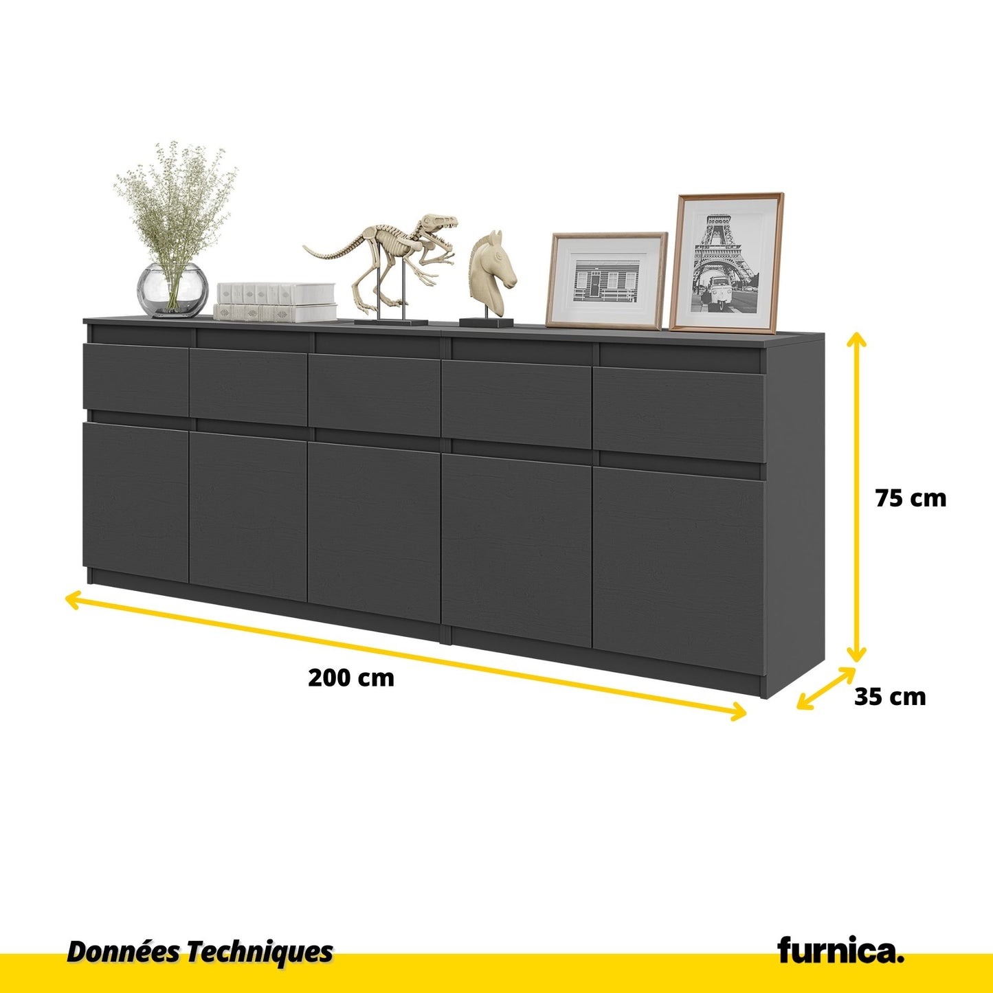 NOAH - Commode 5 Tiroirs et 5 Portes - Armoire de Rangement pour Couloir / Chambre à Coucher - Buffet - Anthracite H75cm L200cm P35cm