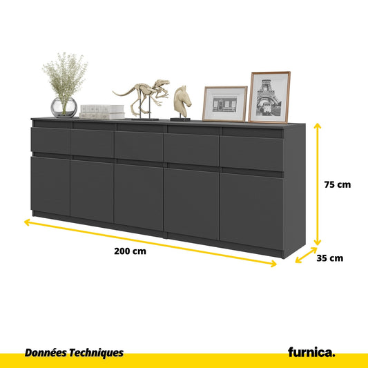 NOAH - Commode 5 Tiroirs et 5 Portes - Armoire de Rangement pour Couloir / Chambre à Coucher - Buffet - Anthracite H75cm L200cm P35cm