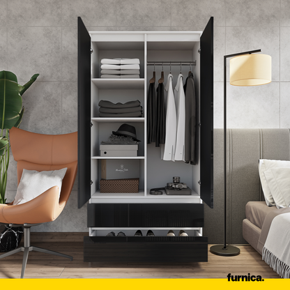 JOELLE - Armoire 2 Portes avec 2 Tiroirs - Blanc Matt / Noir Brillant H180cm L90cm P50cm