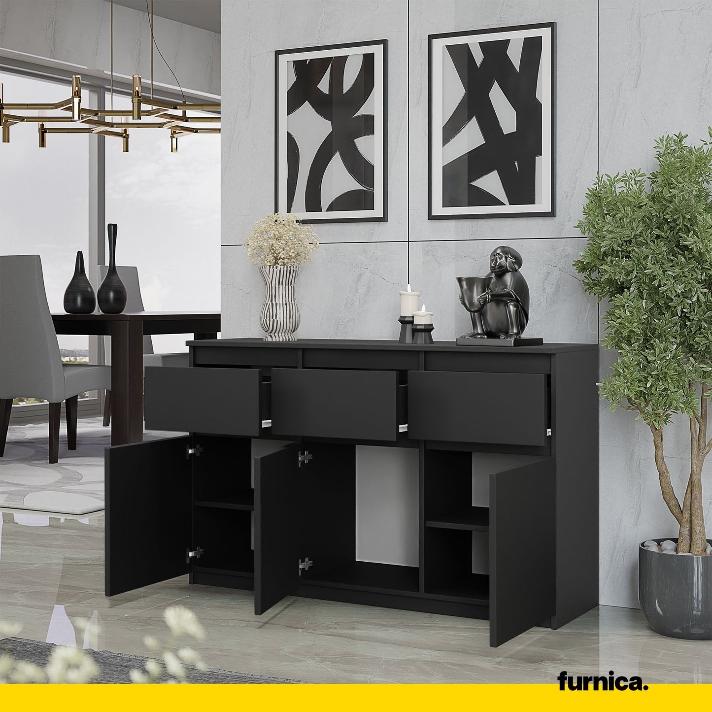 NOAH - Commode 3 Tiroirs et 3 Portes - Meuble de Rangement pour Couloir/Chambre - Buffet - H75cm L120cm P35cm (Anthracite)