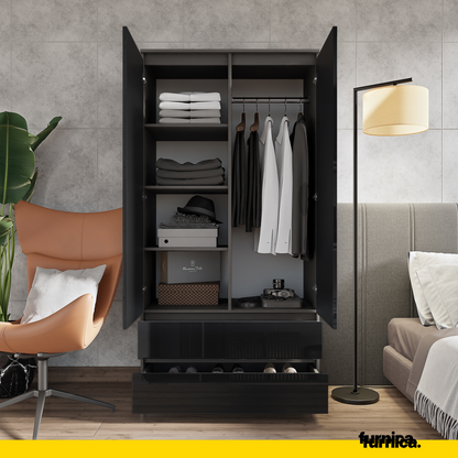 JOELLE - Armoire 2 Portes avec 2 Tiroirs - Anthracite / Noir Brillant H180cm L90cm P50cm