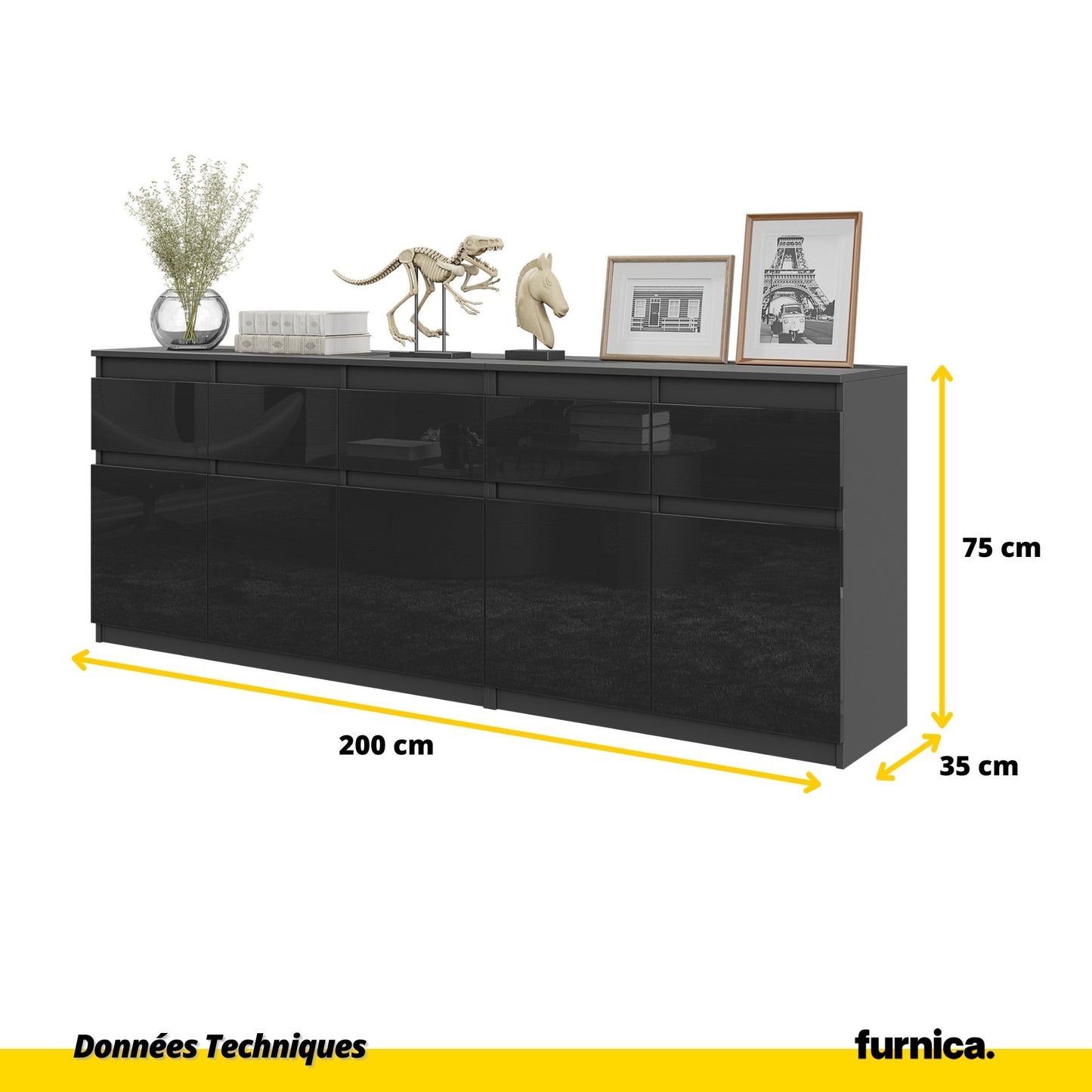 NOAH - Commode 5 Tiroirs et 5 Portes - Armoire de Rangement pour Couloir / Chambre à Coucher - Buffet - Anthracite / Noir Brillant H75cm L200cm P35cm