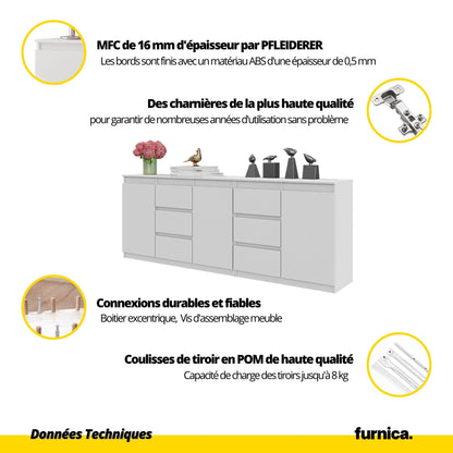 MIKEL - Commode 6 Tiroirs et 3 Portes - Armoire de Rangement pour Couloir / Chambre à Coucher - Buffet - Anthracite / Blanc Matt H75cm L200cm P35cm