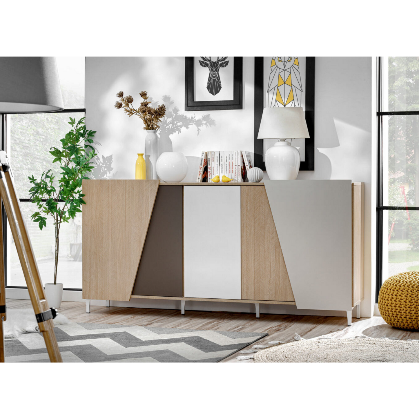 Unité murale VISTE - Ensemble de meubles de salon - Scandi / Truffe / Blanc Brillant