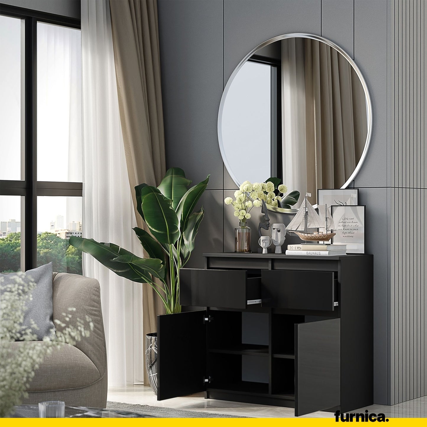 NOAH - Commode 2 Tiroirs et 2 Portes - Meuble de Rangement pour Couloir / Chambre - Buffet - H75cm L80cm P35cm (Anthracite / Noir Brillant)