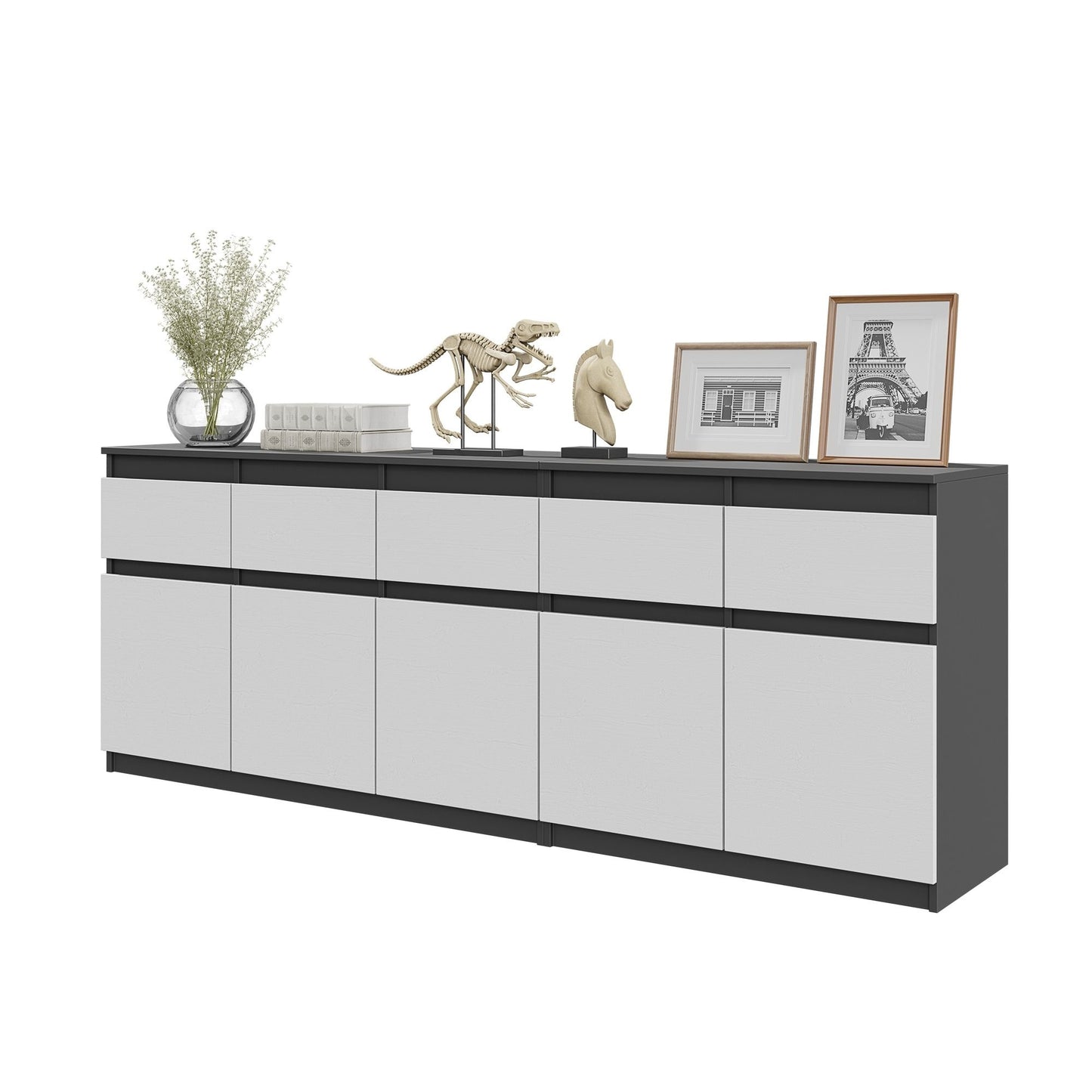 NOAH - Commode 5 Tiroirs et 5 Portes - Armoire de Rangement pour Couloir / Chambre à Coucher - Buffet - Anthracite / Blanc Matt H75cm L200cm P35cm