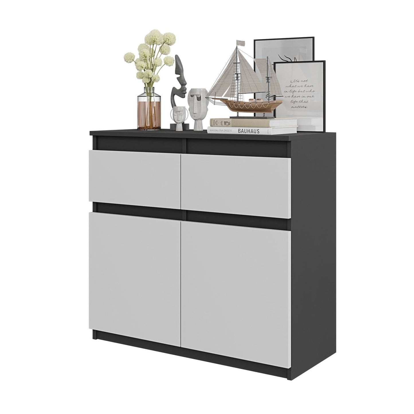 NOAH - Commode 2 Tiroirs et 2 Portes - Meuble de Rangement pour Couloir/Chambre - Buffet - H75cm L80cm P35cm (Anthracite/Blanc)
