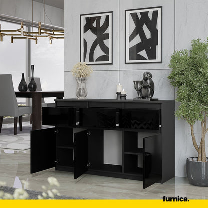 NOAH - Commode 3 Tiroirs et 3 Portes - Meuble de Rangement pour Couloir/Chambre - Buffet - H75cm L120cm P35cm (Anthracite/Noir Brillant)