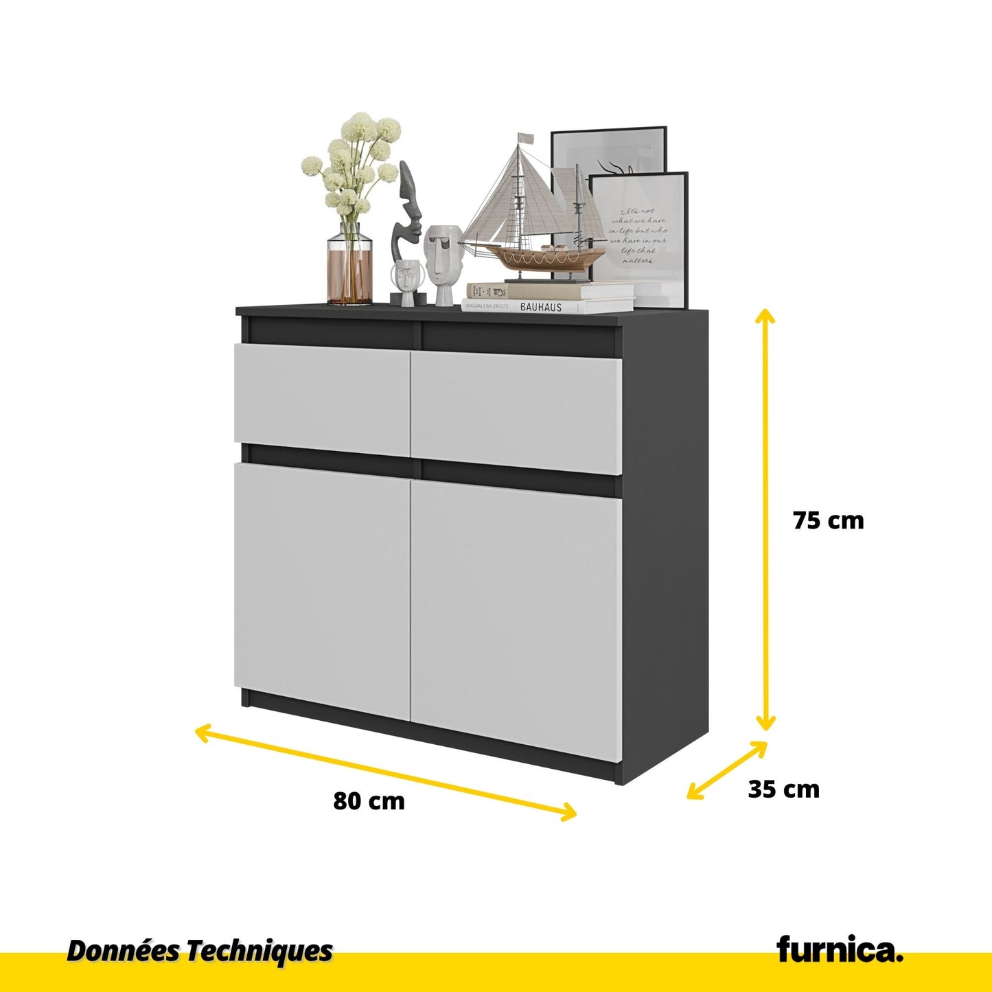NOAH - Commode 2 Tiroirs et 2 Portes - Meuble de Rangement pour Couloir/Chambre - Buffet - H75cm L80cm P35cm (Anthracite/Blanc)