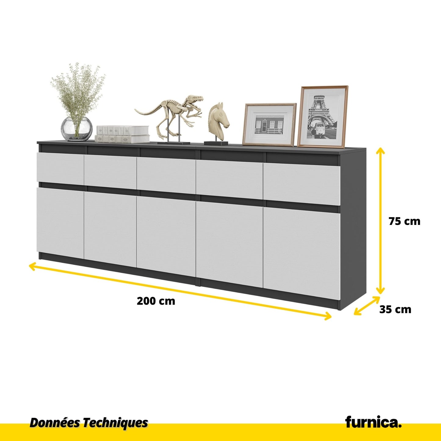 NOAH - Commode 5 Tiroirs et 5 Portes - Armoire de Rangement pour Couloir / Chambre à Coucher - Buffet - Anthracite / Blanc Matt H75cm L200cm P35cm