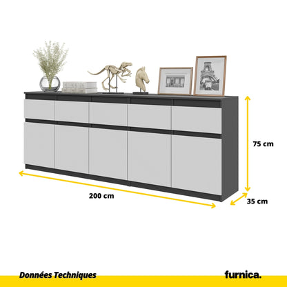 NOAH - Commode 5 Tiroirs et 5 Portes - Armoire de Rangement pour Couloir / Chambre à Coucher - Buffet - Anthracite / Blanc Matt H75cm L200cm P35cm