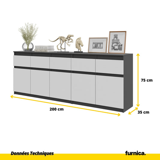 NOAH - Commode 5 Tiroirs et 5 Portes - Armoire de Rangement pour Couloir / Chambre à Coucher - Buffet - Anthracite / Blanc Matt H75cm L200cm P35cm