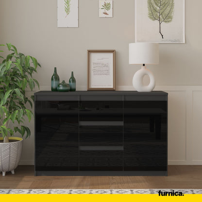 MIKEL - Commode 3 Tiroirs et 2 Portes - Armoire de Rangement pour Couloir/Chambre à Coucher - Buffet - H75cm L120cm P35cm (Anthracite/Noir Brillant)