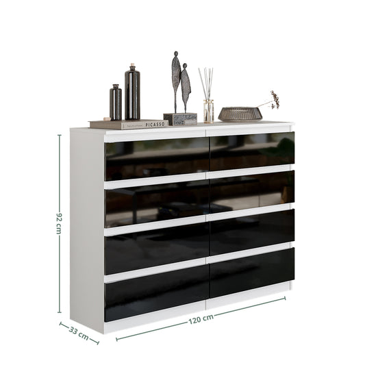 GABRIEL - Commode 8 Tiroirs - Buffet de Chevet - H92 cm L120 cm P33 cm (Blanc / Noir Brillant)