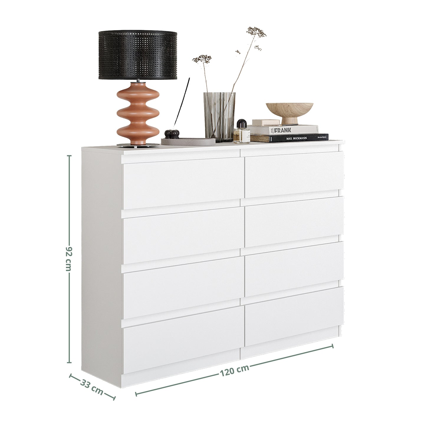 GABRIEL - Commode 8 Tiroirs - Buffet de Chevet - H92 cm L120 cm P33 cm (Blanc)