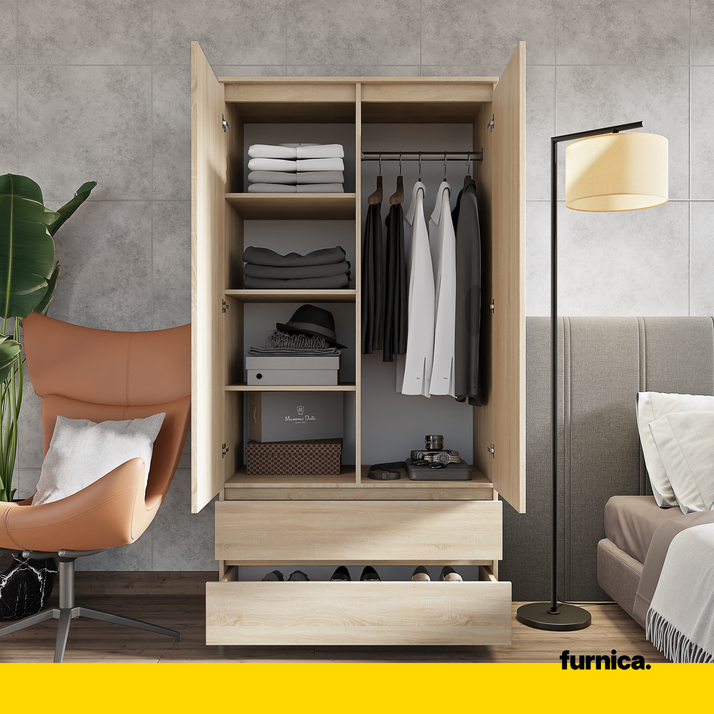 JOELLE - Armoire 2 Portes avec 2 Tiroirs - Chêne Sonoma H180cm L90cm P50cm
