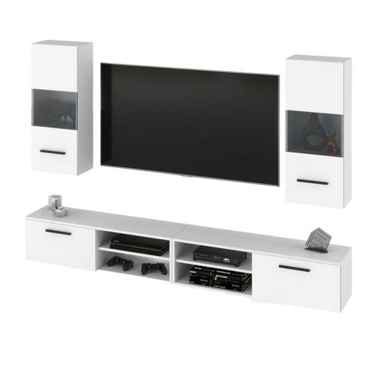 MIRANDA - Meuble TV Suspendu - 4 Armoires - Blanc Matt