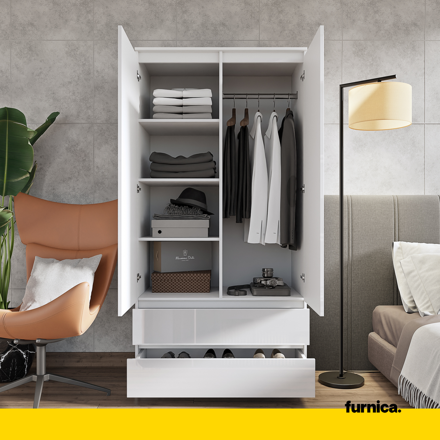 JOELLE - Armoire 2 Portes avec 2 Tiroirs - Blanc Matt / Blanc Brillant H180cm L90cm P50cm