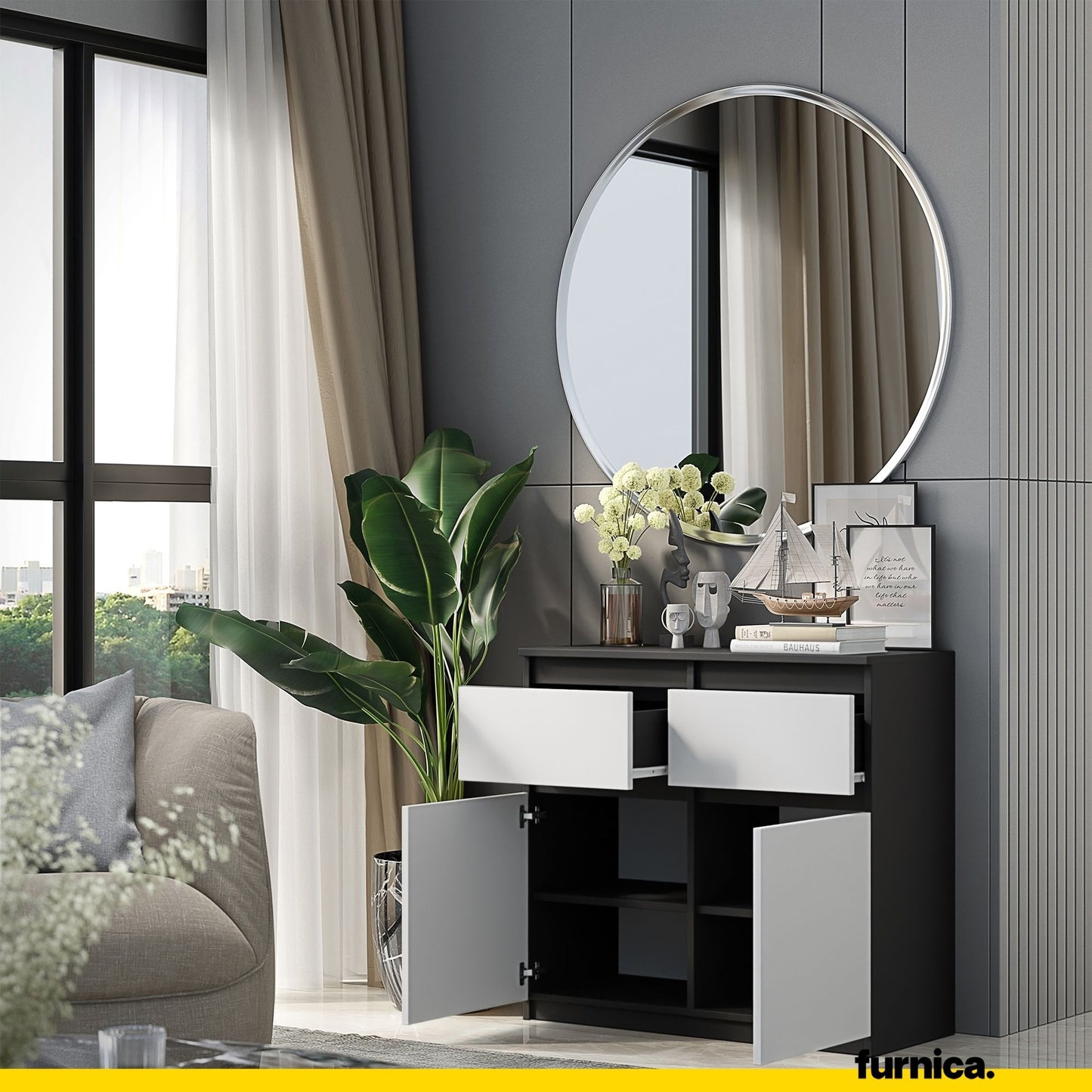 NOAH - Commode 2 Tiroirs et 2 Portes - Meuble de Rangement pour Couloir/Chambre - Buffet - H75cm L80cm P35cm (Anthracite/Blanc)