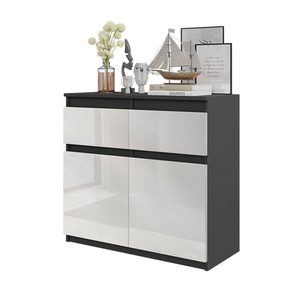 NOAH - Commode 2 Tiroirs et 2 Portes - Meuble de Rangement pour Couloir / Chambre - Buffet - H75cm L80cm P35cm (Anthracite / Blanc Brillant)
