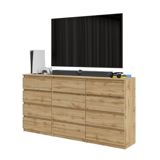 GABRIEL - Commode 12 Tiroirs (8+4) - H92cm L180cm P33cm (Chêne Wotan)