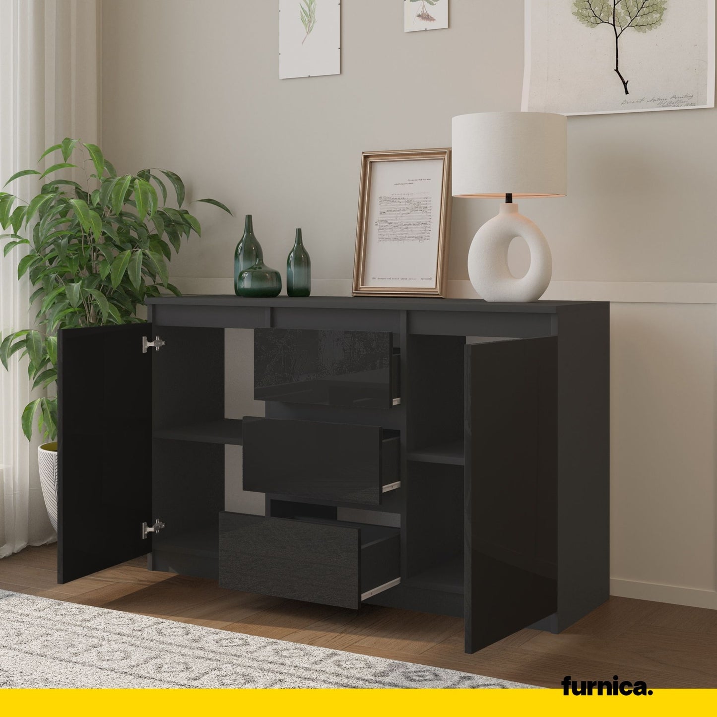 MIKEL - Commode 3 Tiroirs et 2 Portes - Armoire de Rangement pour Couloir/Chambre à Coucher - Buffet - H75cm L120cm P35cm (Anthracite/Noir Brillant)