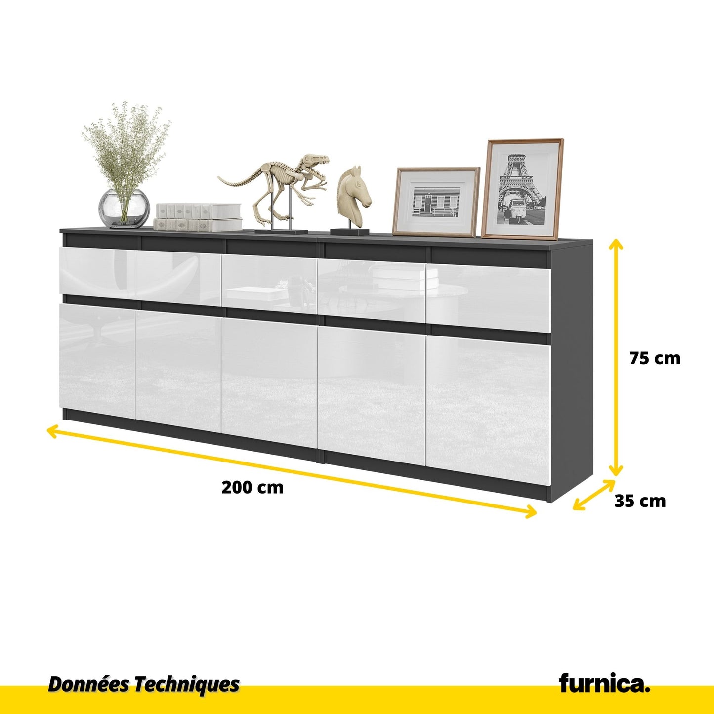 NOAH - Commode 5 Tiroirs et 5 Portes - Armoire de Rangement pour Couloir / Chambre à Coucher - Buffet - Anthracite / Blanc Brillant H75cm L200cm P35cm