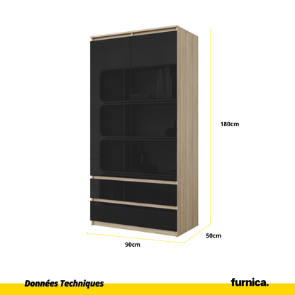 JOELLE - Armoire 2 Portes avec 2 Tiroirs - Chêne Sonoma / Noir Brillant H180cm L90cm P50cm
