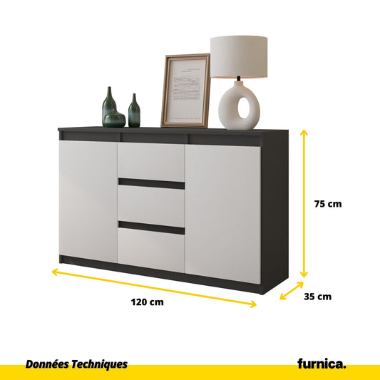 MIKEL - Commode 3 Tiroirs et 2 Portes - Armoire de Rangement pour Couloir/Chambre à Coucher - Buffet - H75cm L120cm P35cm (Anthracite/Blanc)