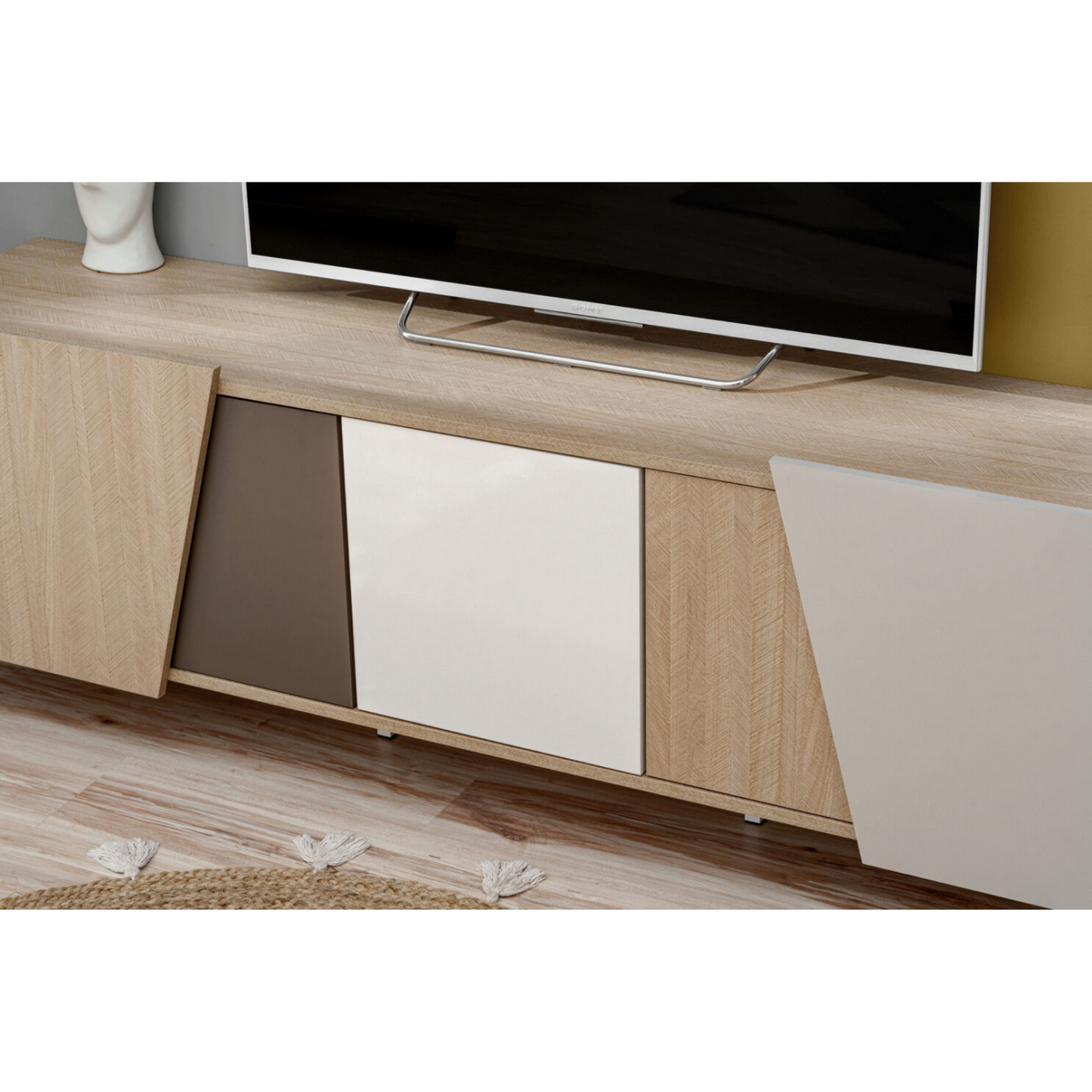 Unité murale VISTE - Ensemble de meubles de salon - Scandi / Truffe / Blanc Brillant