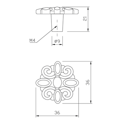 Bouton de meuble Vintage - Fleur - 36mm x 45mm - Laiton antique