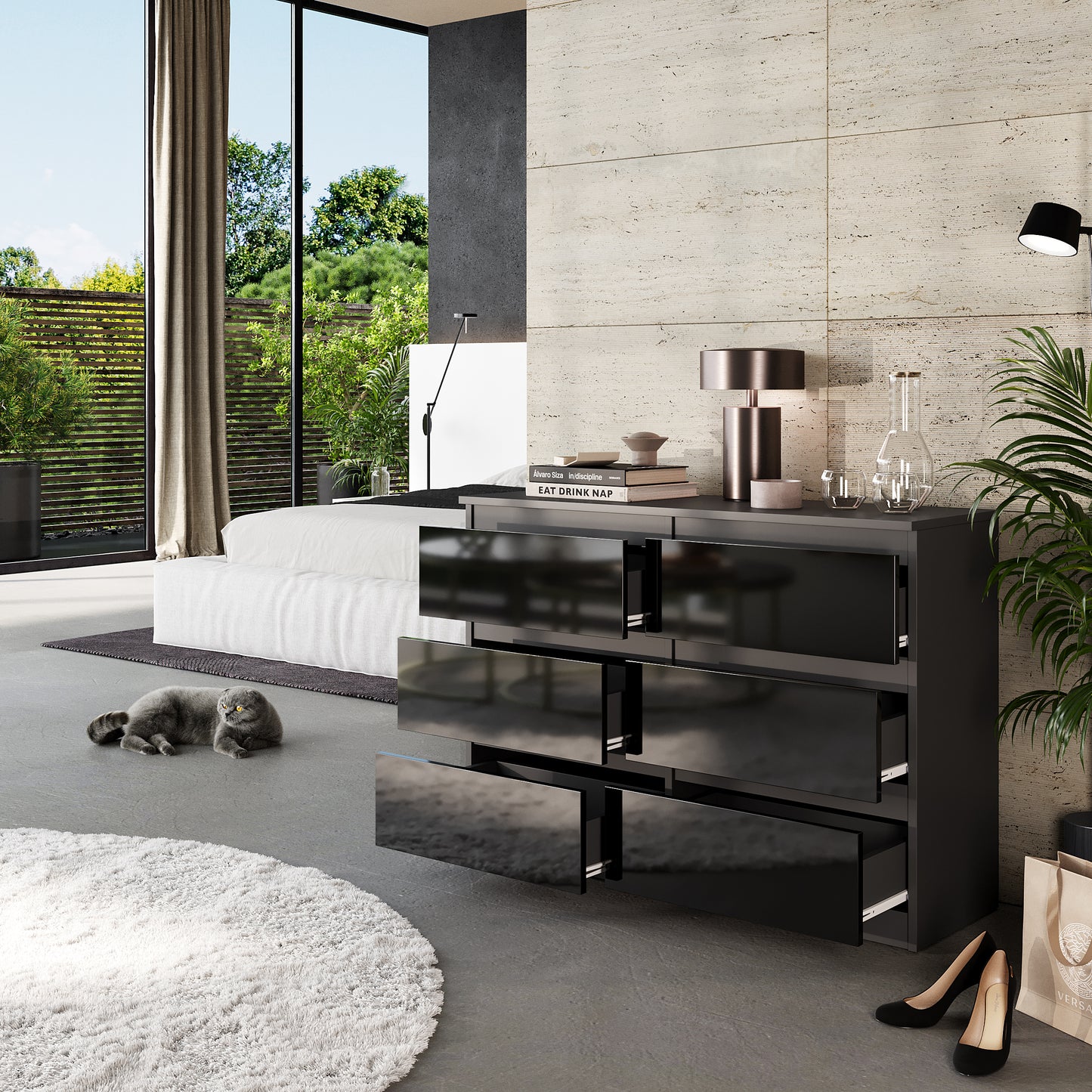 GABRIEL - Commode 6 Tiroirs - Buffet de Chevet - H71 cm L100 cm P33 cm (Anthracite / Noir Brillant)