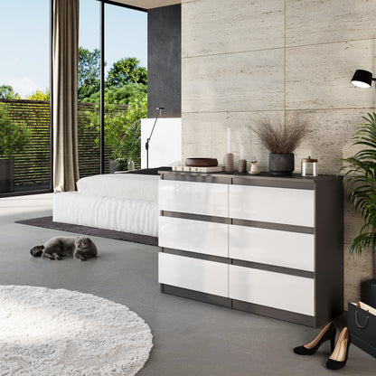 GABRIEL - Commode 6 Tiroirs - Buffet de Chevet - H71 cm L100 cm P33 cm (Anthracite / Blanc Brillant)